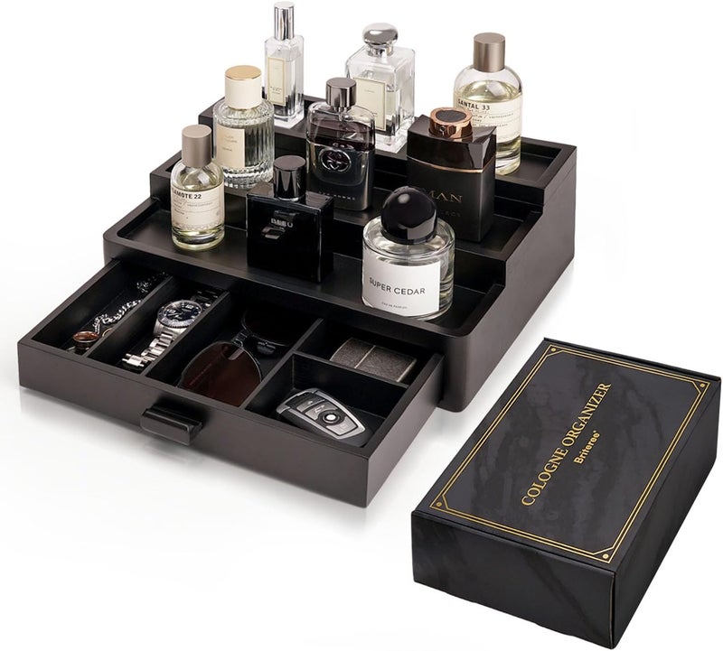 BRITEREE Cologne Organizer for Men, 3 Tier Wooden Cologne Stand with Drawer Storage and Hidden Compartment, Perfume Display Holder for Dresser, Great Gifts for Men and Women Christmas, Black - Image 1